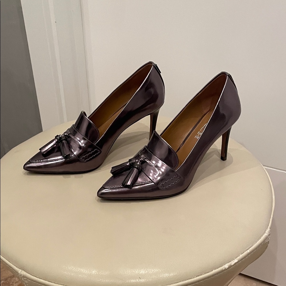 Women's Pointed Tassel High Heel Loafers in Metallic Silver